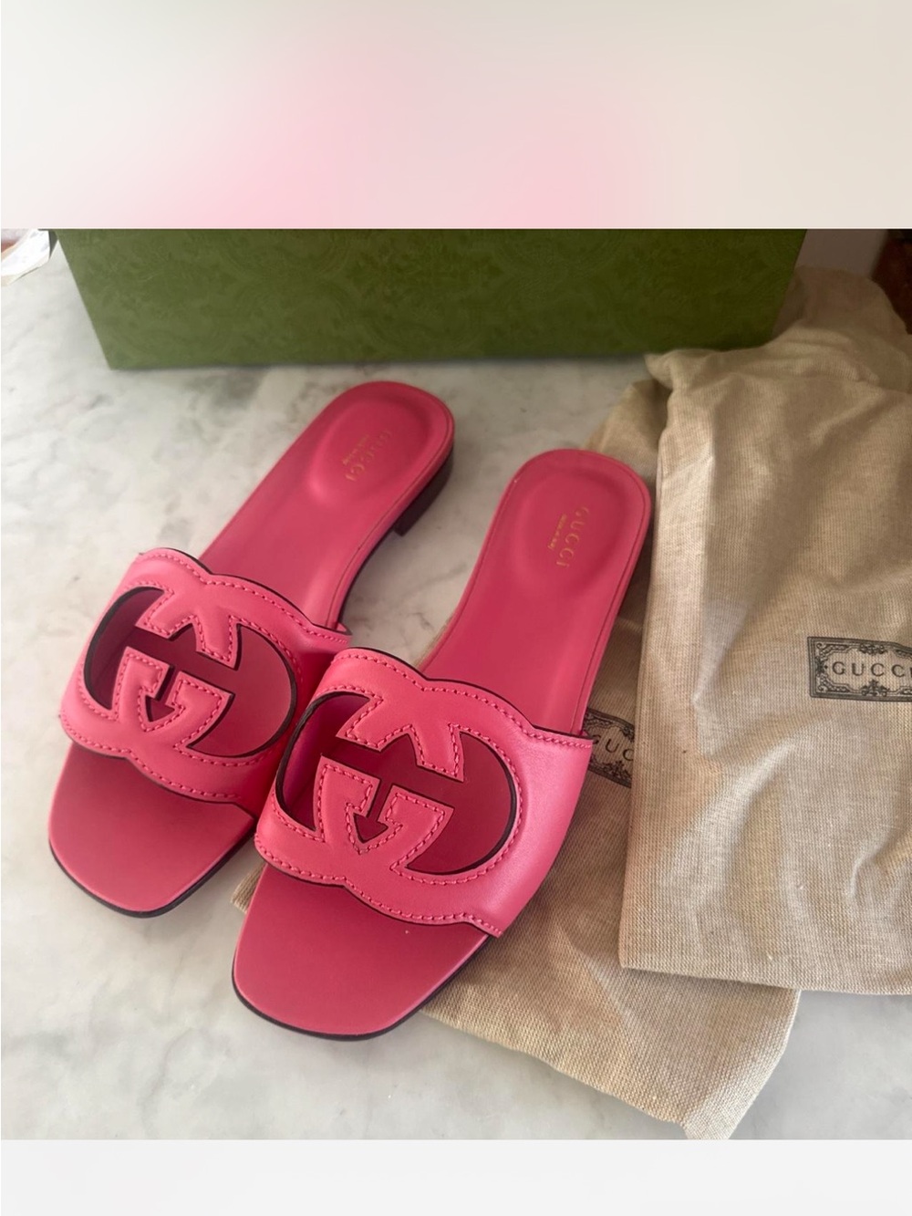 Gucci Pink Double-G Leather Slide Sandals
